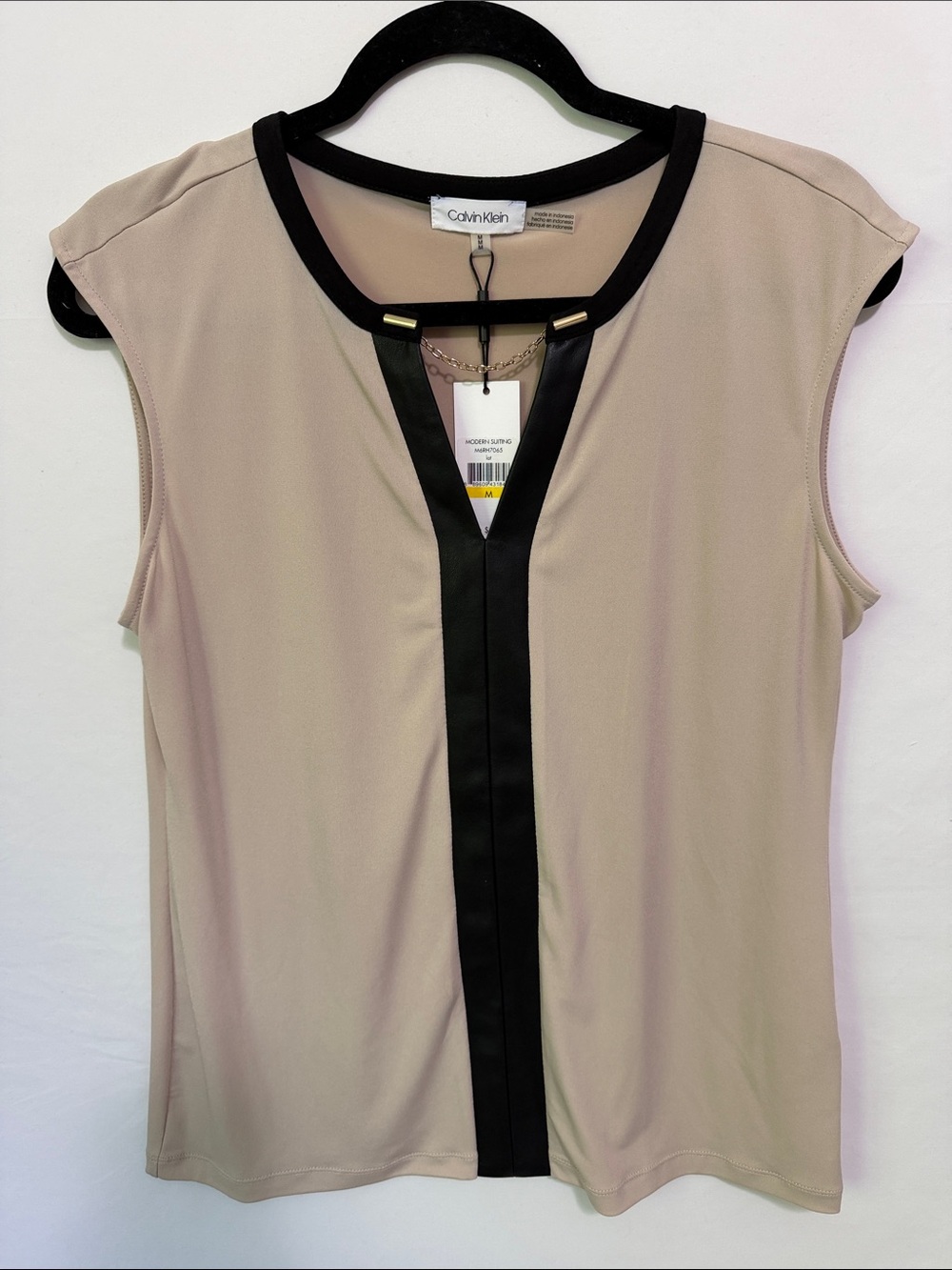 NWT Calvin Klein Beige Sleeveless Blouse with Black faux leather Trim